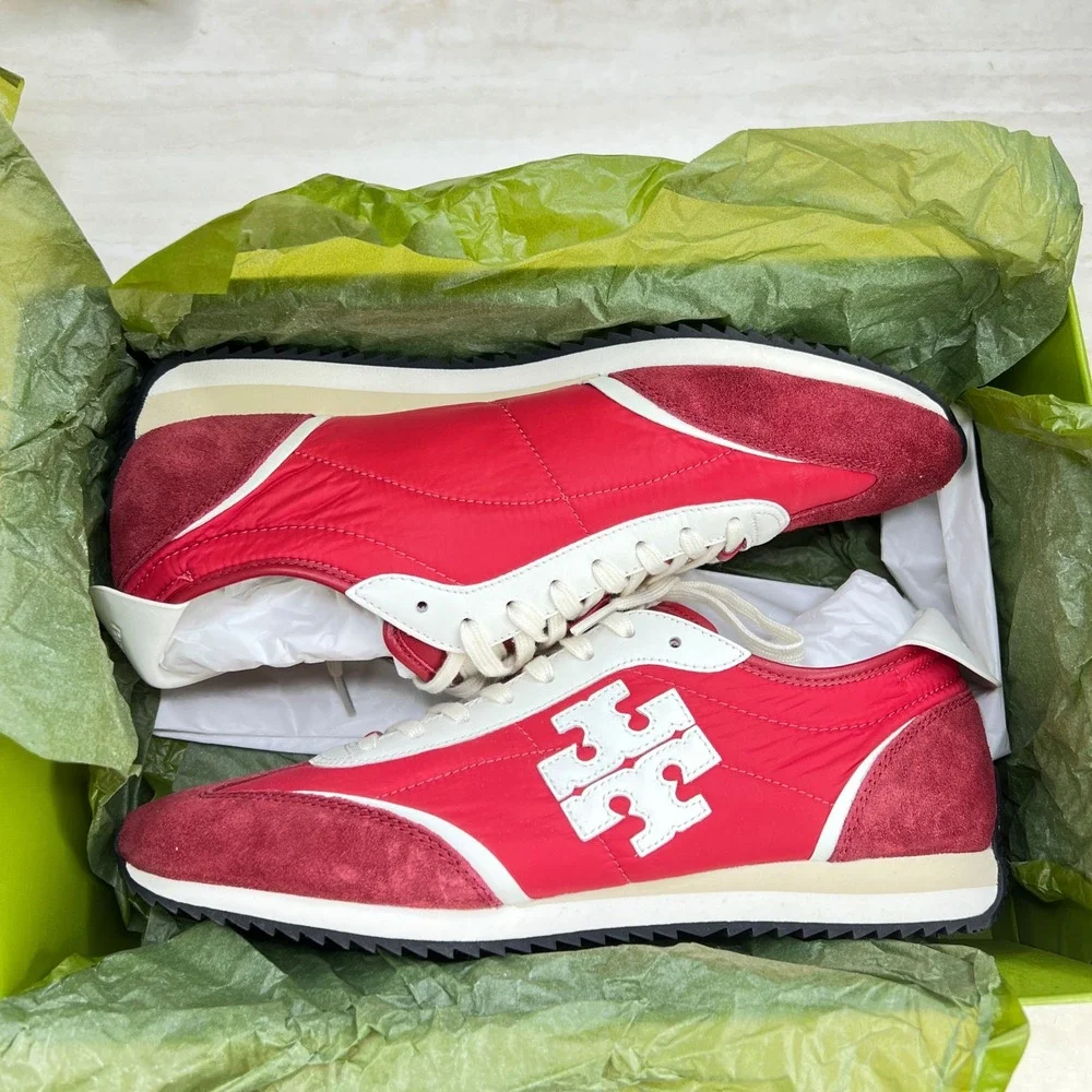 Tory Burch Vintage Sneaker 2.0 Tory Red White Leather Suede 164280 Womens 10.5